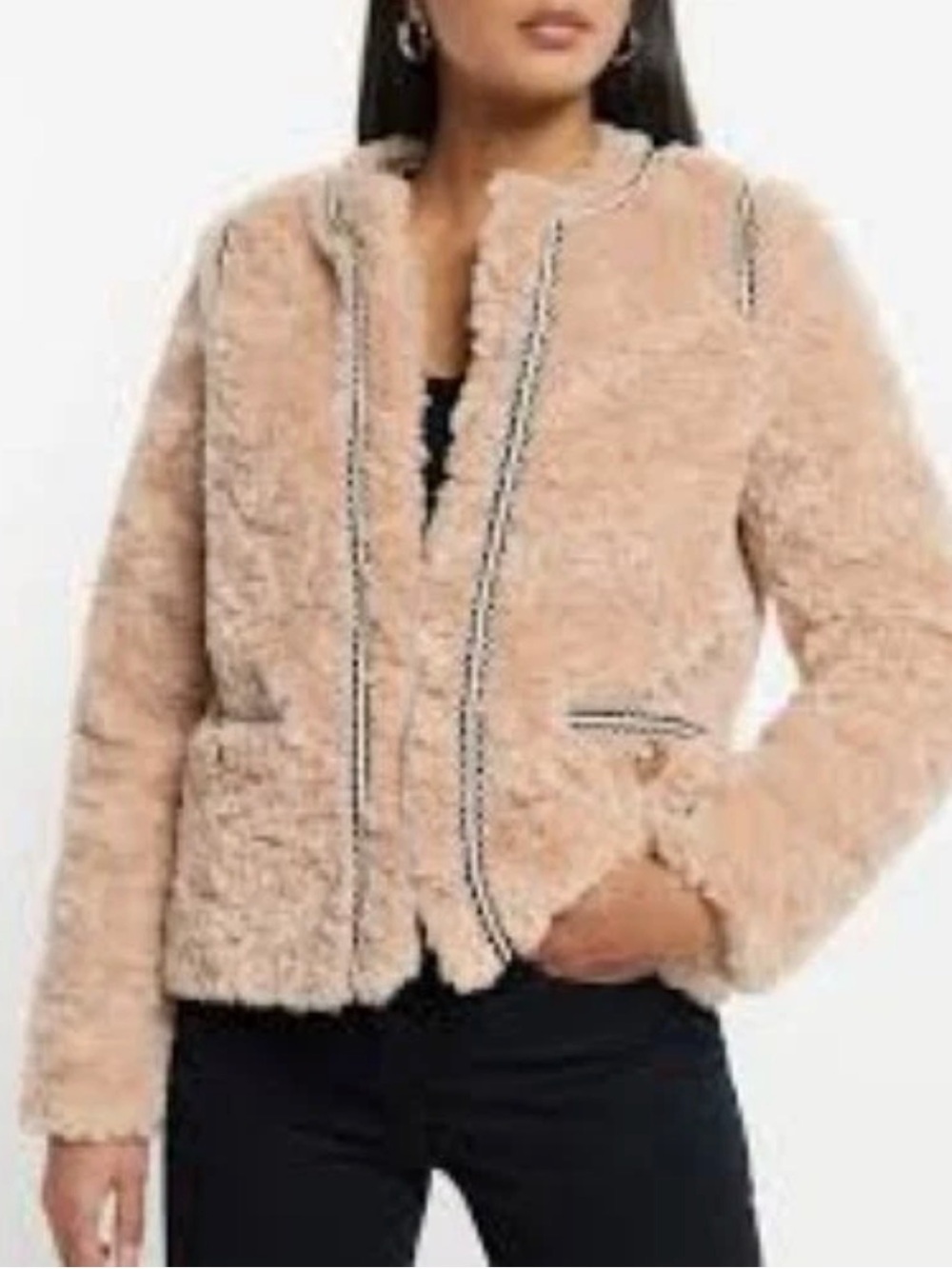 Express Faux Fur Embellished Trim Jacket Women's Tan Black Penny Lane
